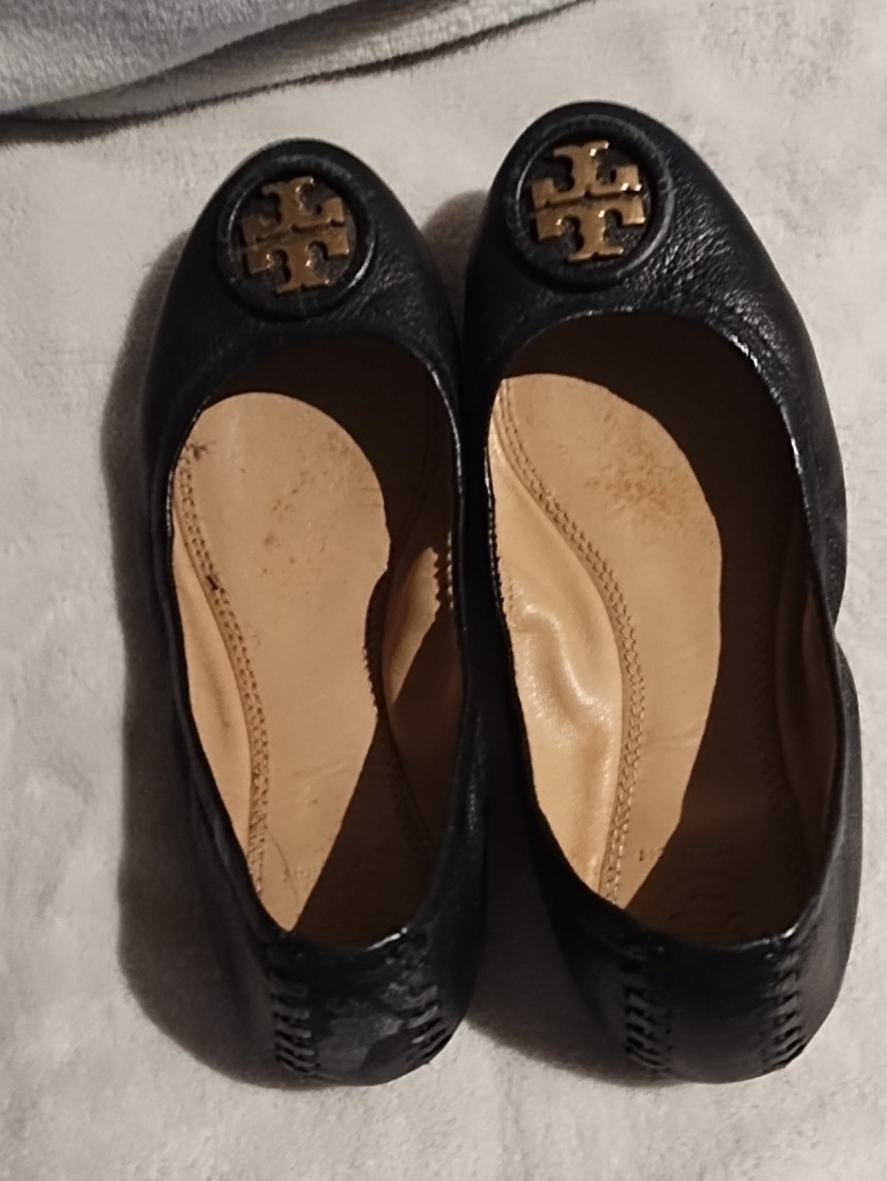 Tory Burch Black Leather Logo Ballet Flats with Gold Emblem